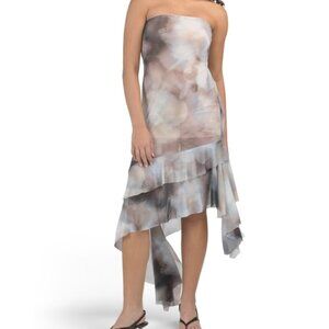 Emory Park Womens Size Medium Midi Dress Ruffle Asymmetrical Hem Straight Neck